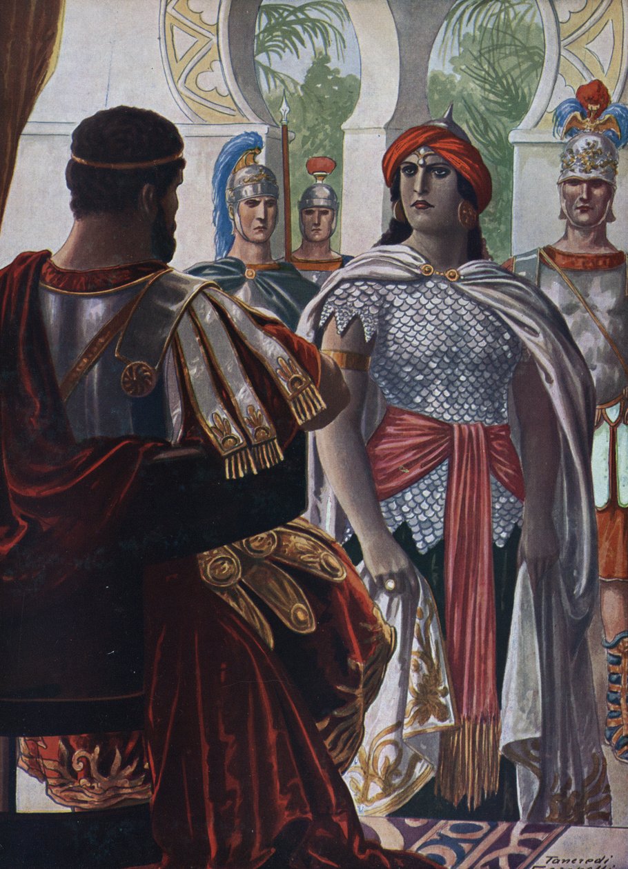 Roman Antiquite: The Imperator of Palmyra Septimia Bathzabbai Zenobie, tatt til fange av romersk keiser Aurelien, 272”” (Dronningen av Palmyrene-riket Zenobia, fange av den romerske keiseren Aurelian, 272 e.Kr.) Illustrasjon av Tancredi Scarpelli tatt (187 av Tancredi Scarpelli