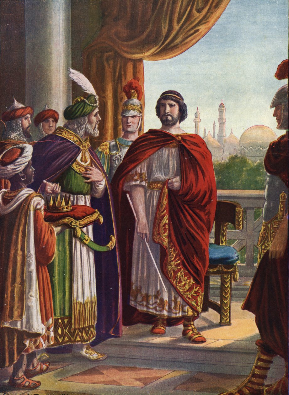 Romersk antikvitet: keiser Julian den frafalne (filosofen Julian eller Julian II) seiret av den persiske kong Shapur II i 363 e.Kr."" (romersk keiser Julian den frafalne (filosofen Julian) og kongen av Persia Shapur II, 363 e.Kr.) Illustrasjon av Tancre av Tancredi Scarpelli