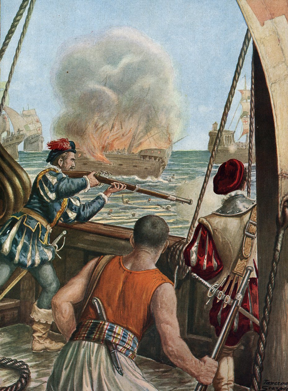 Andre ekspedisjon til India (1502-1503) "" Sjøslag mellom den portugisiske flåten Vasco de Gama og den fra Calicut, portugiserne skyter det muslimske skipet Miri anklager peleriner som returnerer fra Mekka, 3/10/1502"" (andre seilas av  av Tancredi Scarpelli