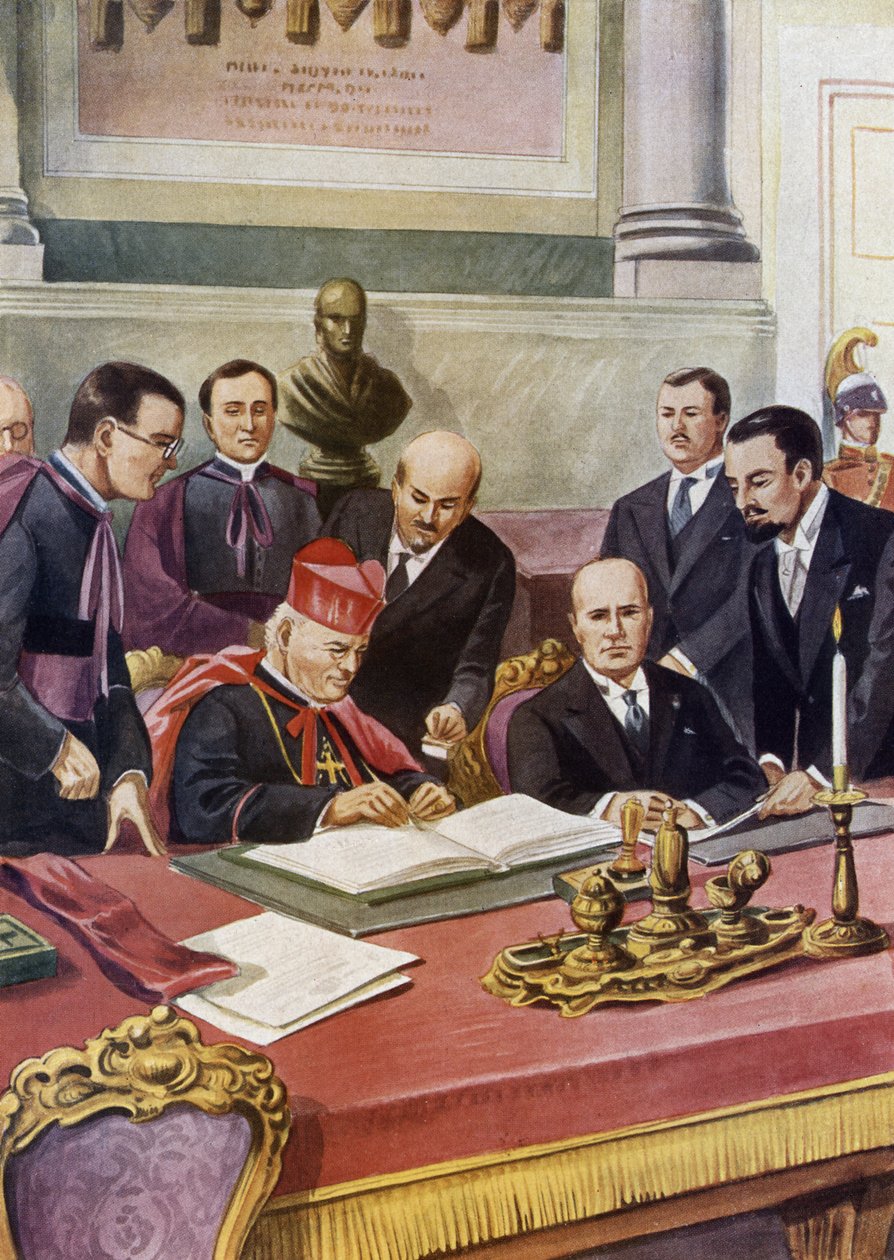 Signering av Lateranavtalene (Patti lateranensi) mellom den italienske regjeringen (fascist) og Den hellige Vatikanets beleiring (St. Siege) som garanterer pavens suverenitet i Vatikanet og formaliserer den katolske religionen i Italia: Kardinal Pietro av Tancredi Scarpelli