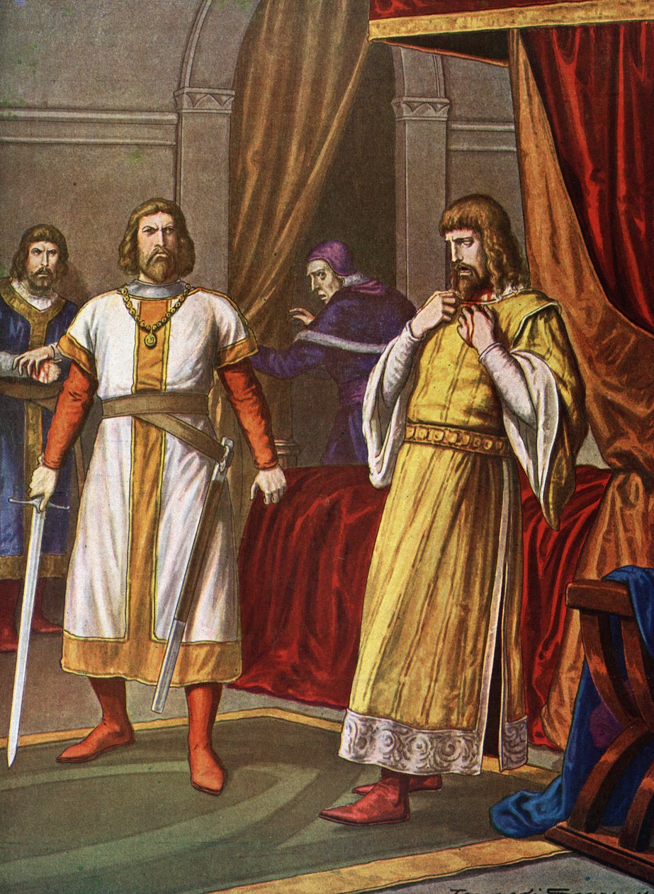 Attentatet på prins Philip av Schwaben (1177-1208) 21.06.1208 i Bamberg av Otton de Wittelsbach grev palatin av Baviere (attentatet på Filip av Schwaben (Philipp von Schwaben) i Bamberg, 21. juni 1208, av grev Otto VIII av Wittelsbach) I av Tancredi Scarpelli