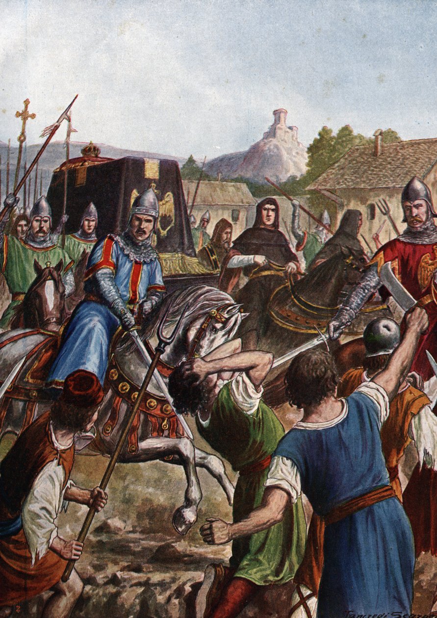 Begravelsescortesjen til keiser Otton (Othon) III av Det hellige rike (980-1002) tar restene gjennom Italia mot Aachen og kjemper i sin passasje mot opprørte befolkninger (kisten til Otto III, den hellige romerske keiseren, som passerer gjennom folkemengde av Tancredi Scarpelli