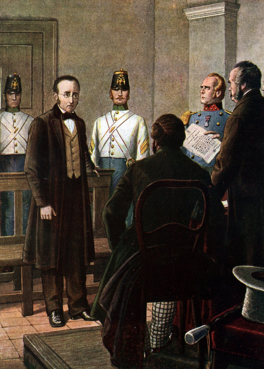 The reading of the sentence letter condemning Silvio Pellico (1789 - 1854) and Piero Maroncelli (1795 - 1846) to incarceration in the fortress of Spielberg in Brno for their belonging to the Carbonari movement (Charbonnerie or carboneria)   1420666   no    av Tancredi Scarpelli