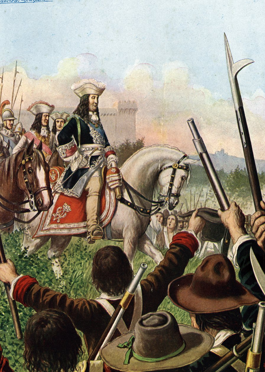 Den spanske arvefølgekrigen: Hertug Vittorio Amedeo (Victor Amedee) II av Savoy (1666-1732) erklærte krig mot Frankrike ved å alliere seg med Østerrike i 1703» (Den spanske arvefølgekrigen: Victor Amadeus II av Sardinia erklærer krig mot Frankrike, ca. 170 av Tancredi Scarpelli