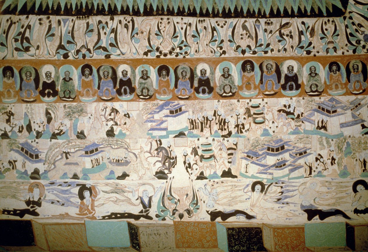 Buddha og scener fra hverdagen, freskomalerier som dateres tilbake til Tang-dynastiet, Kina, 7.-10. århundre av Tang Dynasty Chinese School