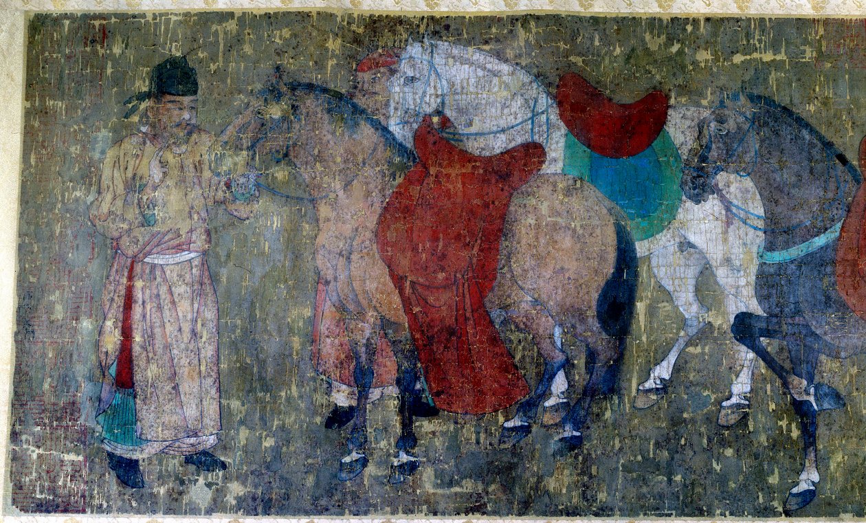 Kinesisk kunst: "" to palefreniers kjører fire hester i en imperialistisk stall""" Detalj av et fragment av en silkemalerulle tilskrevet Han Kan, maler av hoffet til keiser Hiuan tsong (712-756). Tang periode. Dim. 50x141 cm Paris musee Cernuschi av Tang Dynasty Chinese School