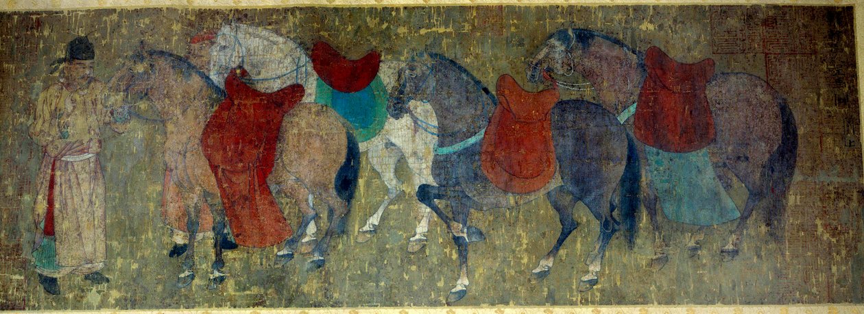 Kinesisk kunst: "" to palefreniers kjører fire hester i en imperialistisk stall""" Fragment av en silkemalingsrulle tilskrevet Han Kan, maleren av hoffet til keiser Hiuan tsong (712-756). Tang periode. Dim. 50x141 cm Paris musee Cernuschi av Tang Dynasty Chinese School