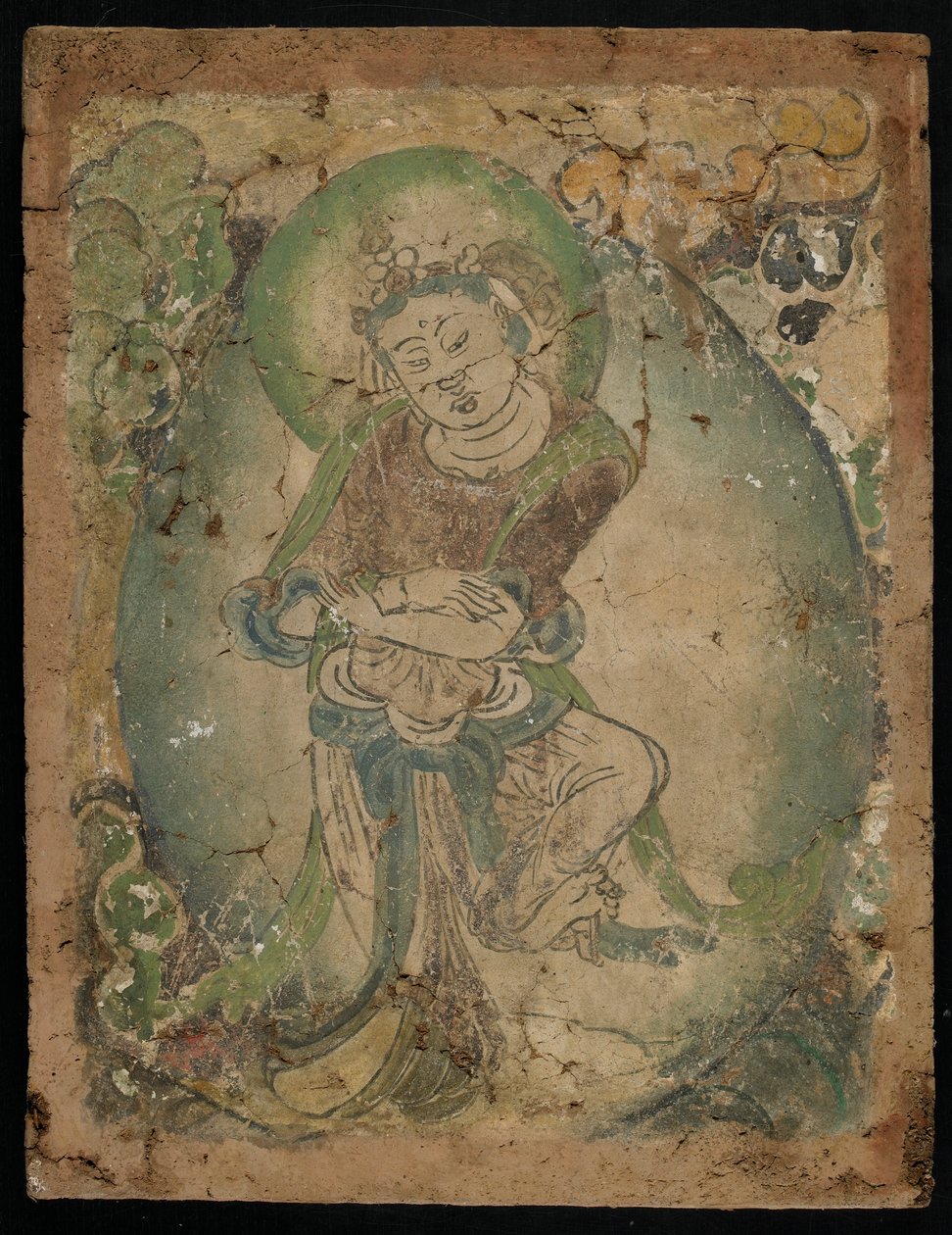 Dansende figur, Kizil, Xinjiang-provinsen, 600-800 (pigment på stukkatur) av Tang Dynasty Chinese School