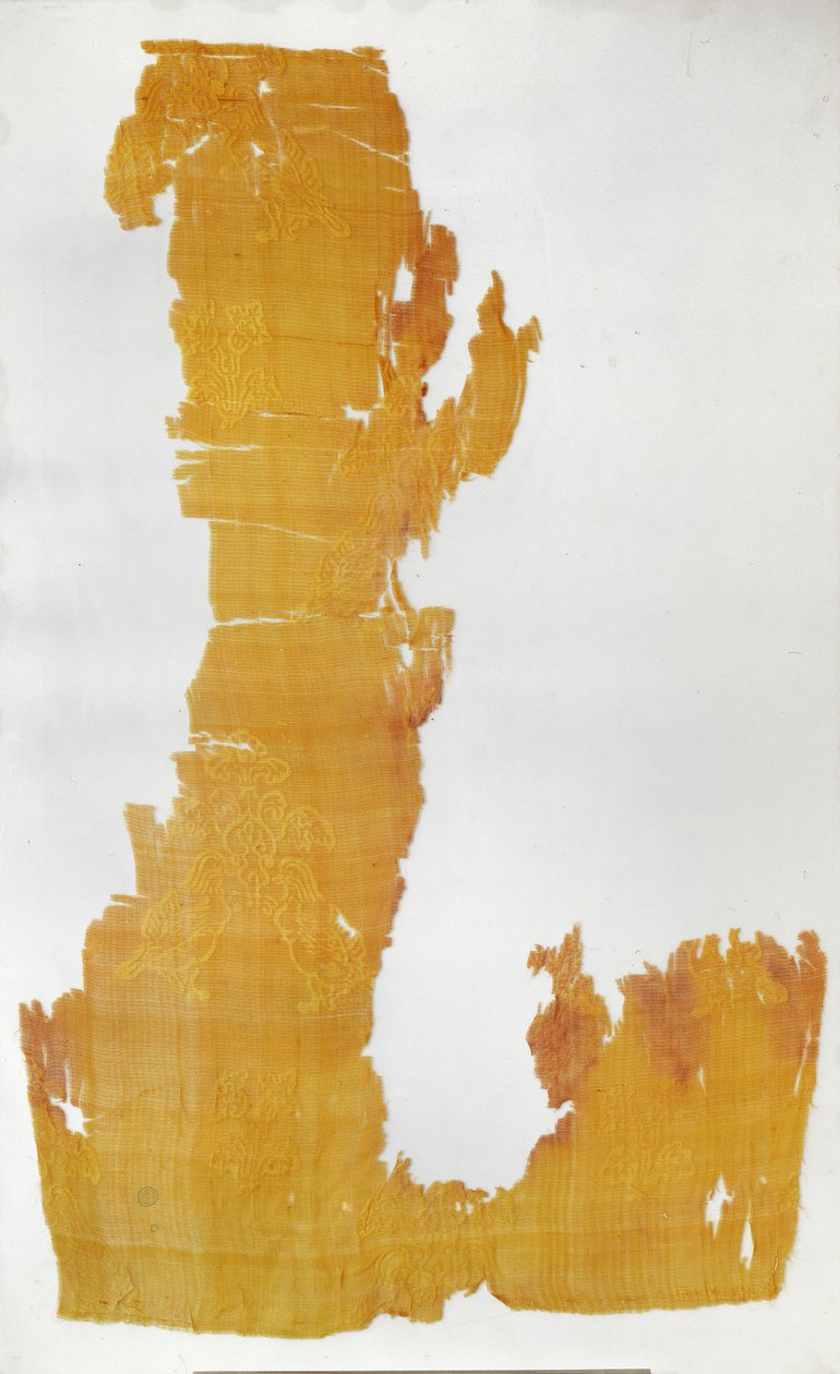 Fragment av materiale med mønstre av blomstermotiver og mandarinender (silkegazebatikk) av Tang Dynasty Chinese School