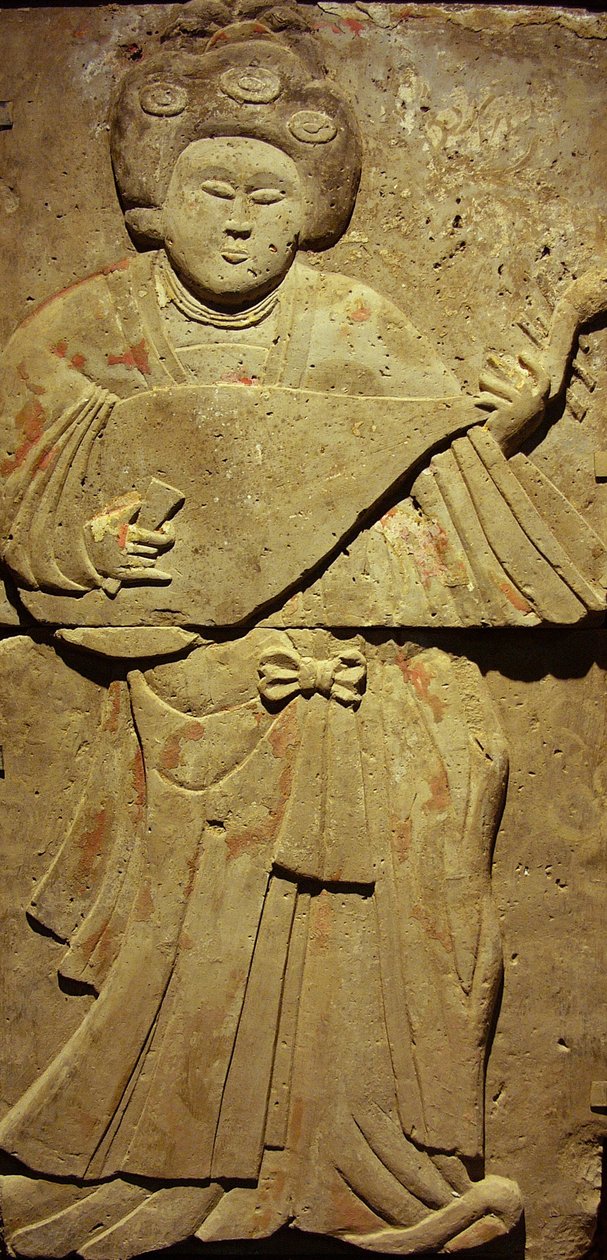 Terrakottastele med musiker, Tang-dynastiet (618-907), oppdaget i Shaanxi-provinsen, Steles Forest Museum i Xian. Fotografi, Leonard de Selva, Kina, 2006. av Tang Dynasty Chinese School