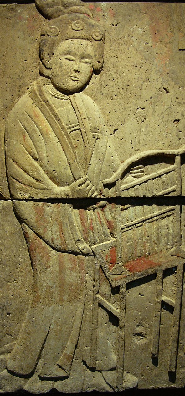 Terrakottastele med musiker, Tang-dynastiet (618-907), oppdaget i Shaanxi-provinsen, Steles Forest Museum i Xian. Fotografi, Leonard de Selva, Kina, 2006. av Tang Dynasty Chinese School