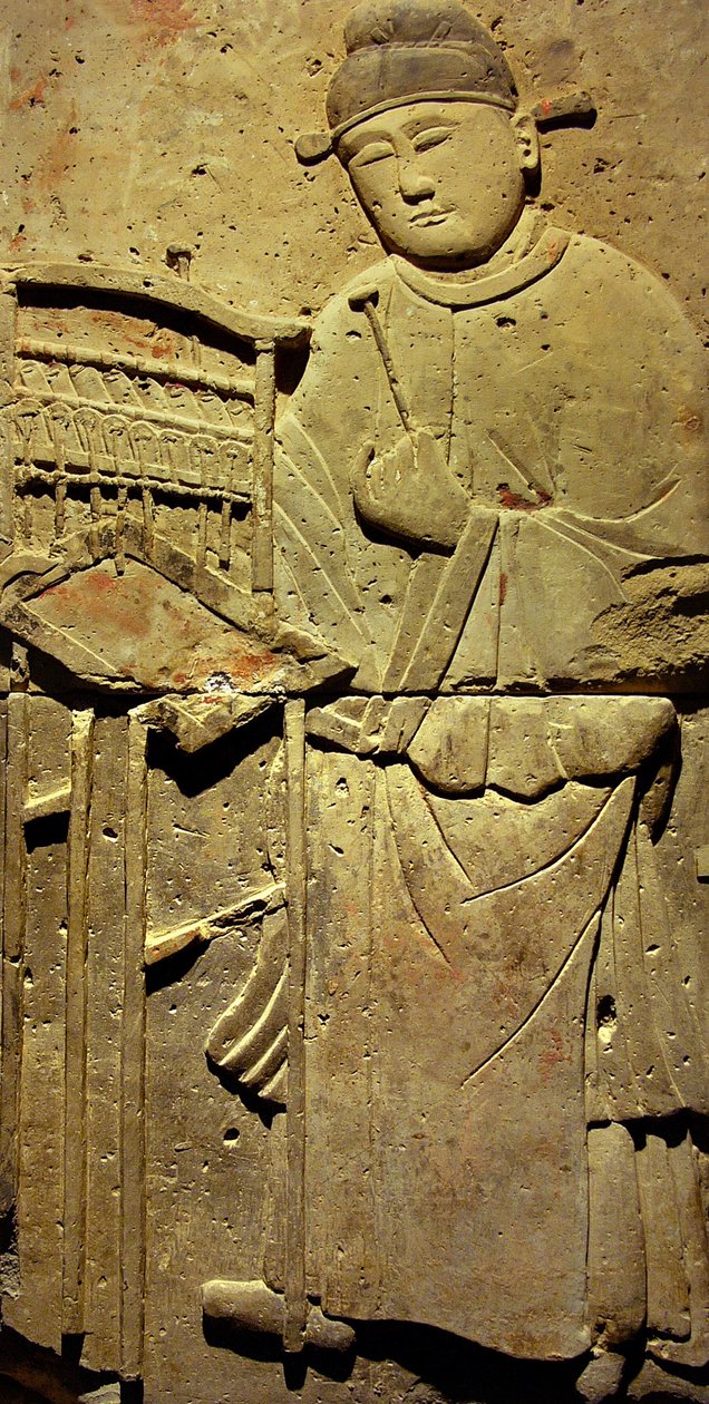 Terracotta stele med musiker, Tang-dynastiet av Tang Dynasty Chinese School