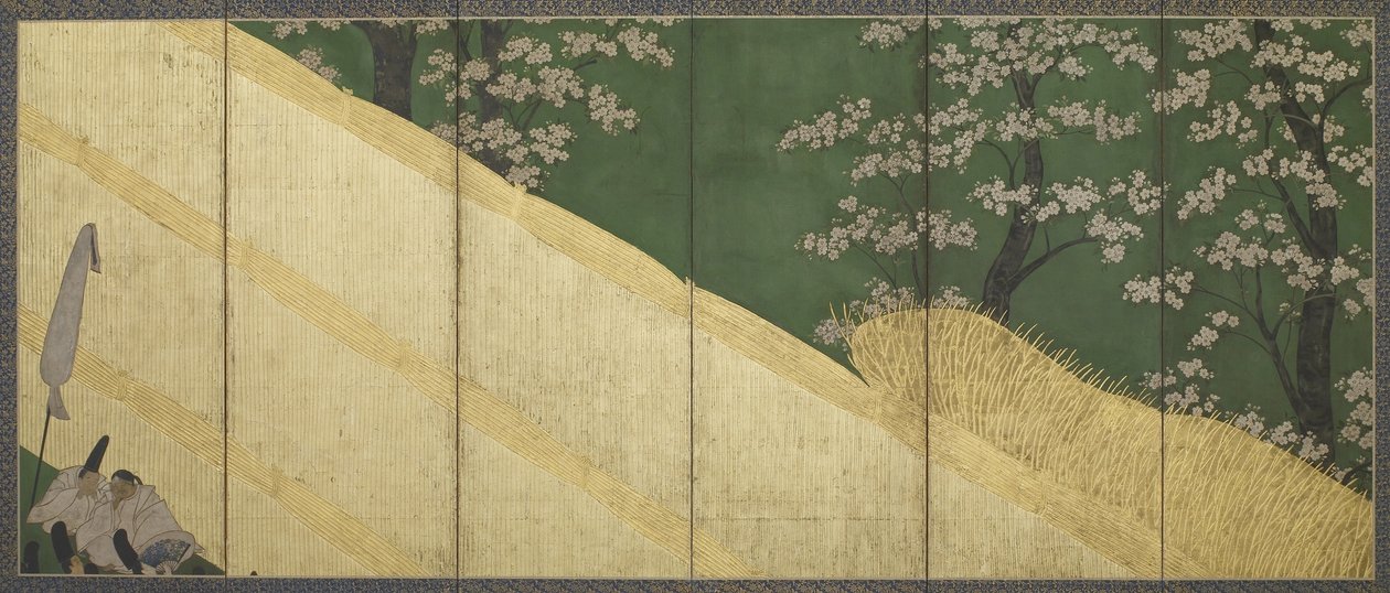 Kirsebærblomster, et høyt gjerde og holdere, Edo-perioden, 1590-1640 (farge og gull på papir) av Tawaraya Sotatsu