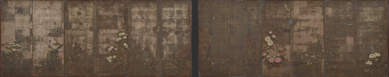 Årtidenes blomster, Skjermer (seks paneler), 1600-1630 (farge over sølv på papir) av Tawaraya Sotatsu