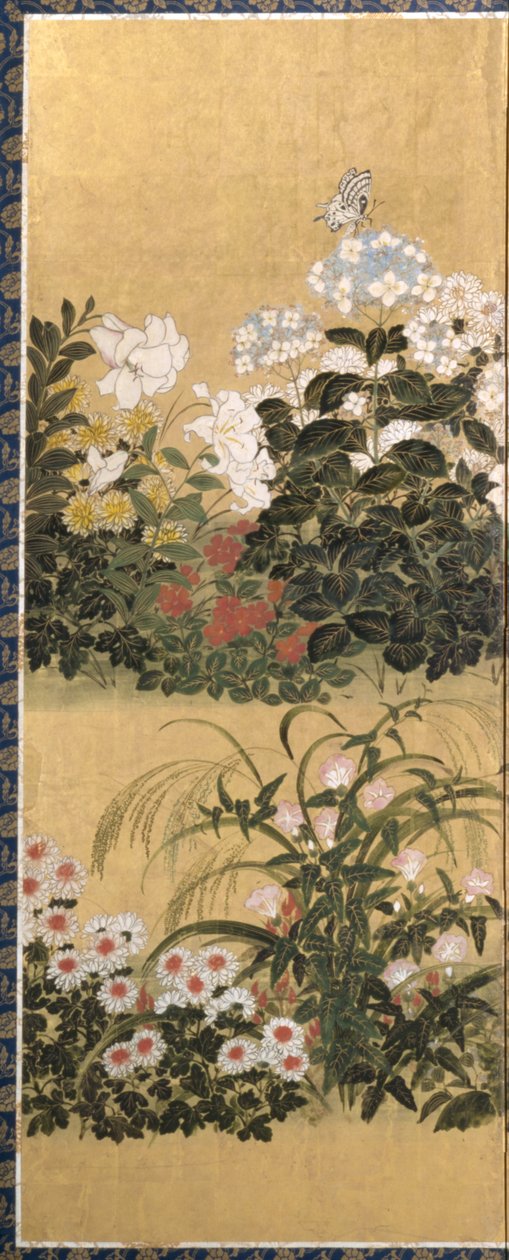 Blomster og sommerfugler (blekk, farge og bladgull på papir) av Tawaraya Sotatsu