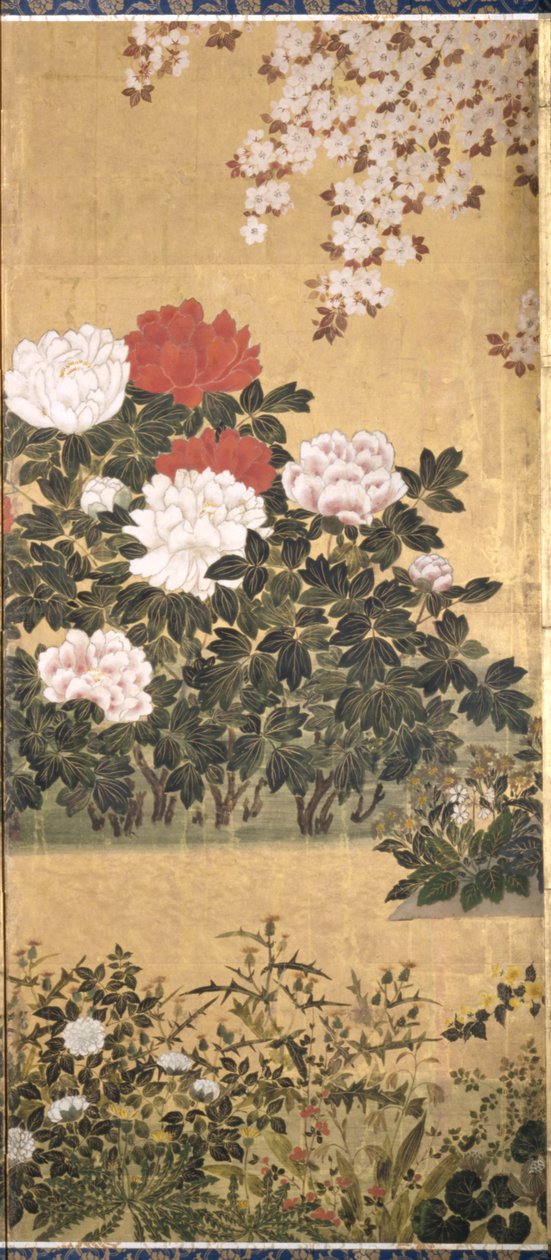 Blomster og sommerfugler (blekk, farge og bladgull på papir) av Tawaraya Sotatsu