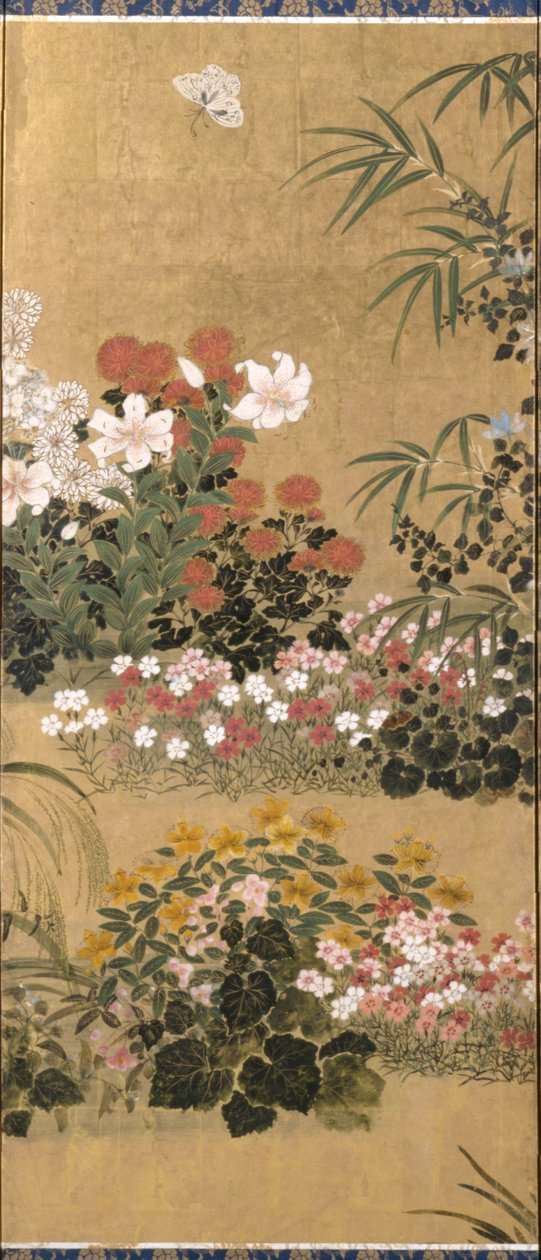 Blomster og sommerfugler (blekk, farge og bladgull på papir) av Tawaraya Sotatsu