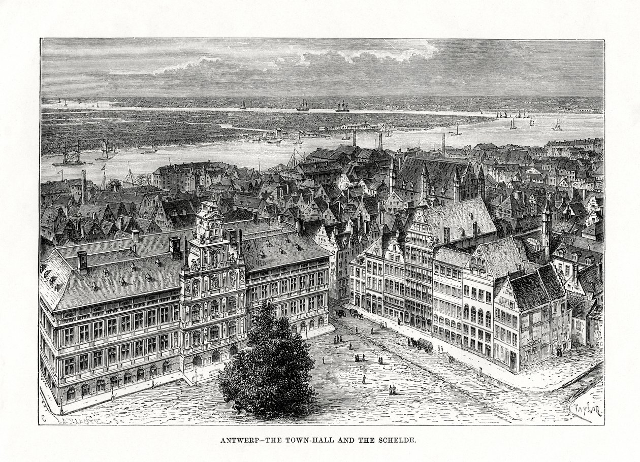 Rådhus og elven Schelde, Antwerpen, Belgia, 1879 av Taylor