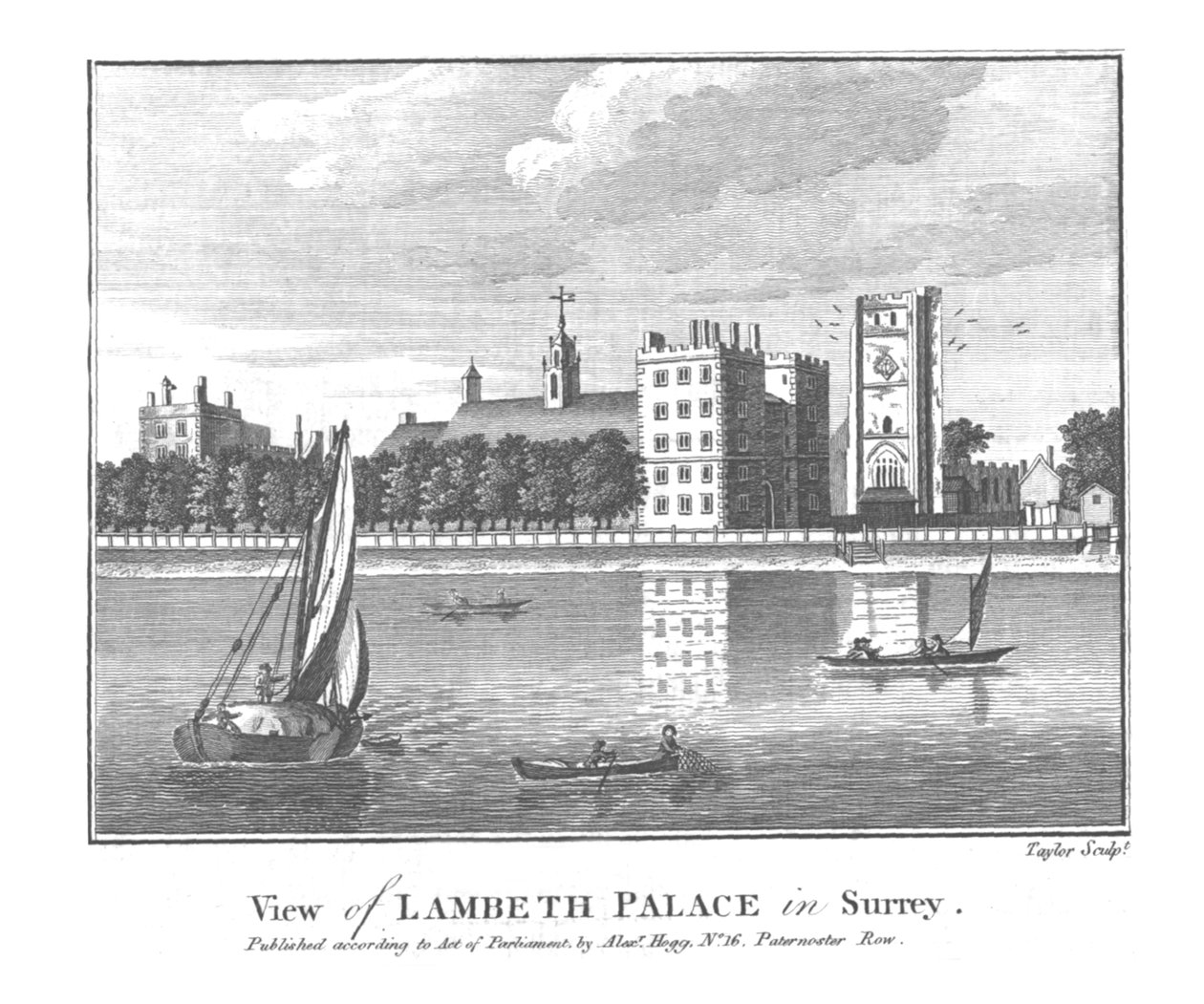 Utsikt over Lambeth Palace i Surrey., slutten av 1700-tallet av Taylor