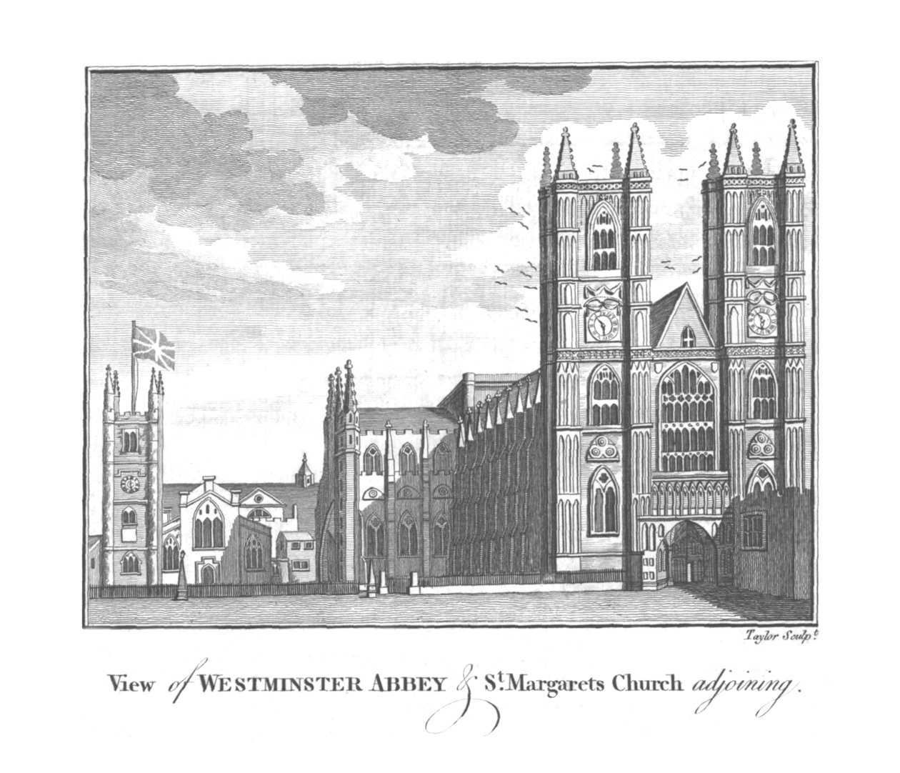 Utsikt over Westminster Abbey og St.Margarets Church tilstøtende., slutten av 1700-begynnelsen av 1800-tallet av Taylor