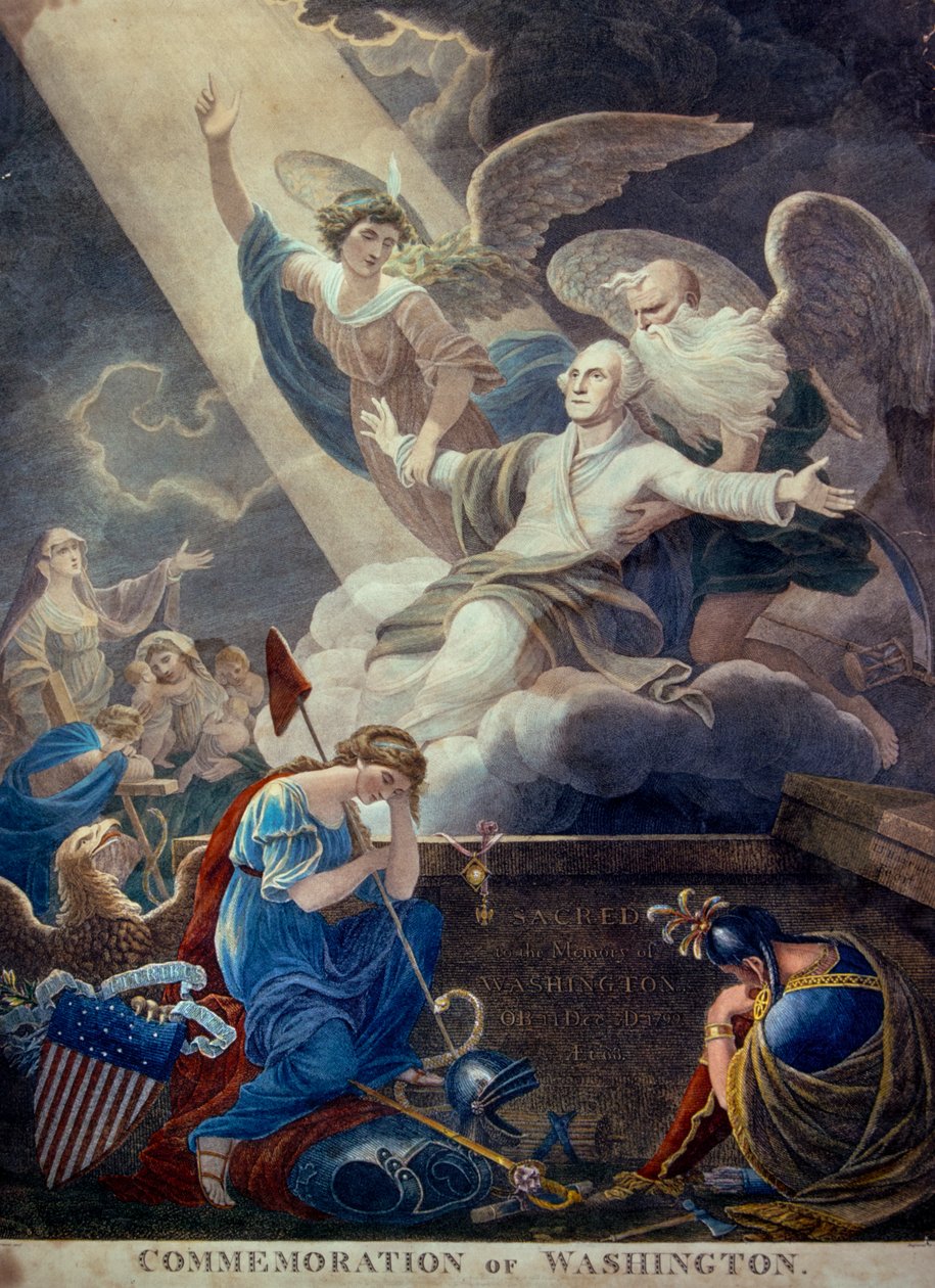 Farget gravering av ære for George Washington løftet til himmelen av Time and Immortality, gravert i Philadelphia, ca. 1799 (gravering) (foto) av Ted Spiegel