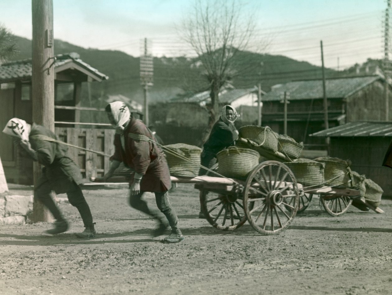 Japanske bønder som trekker sekker med ris på en vogn, ca. 1900–1915 (fotografi) av Teijiro Takagi