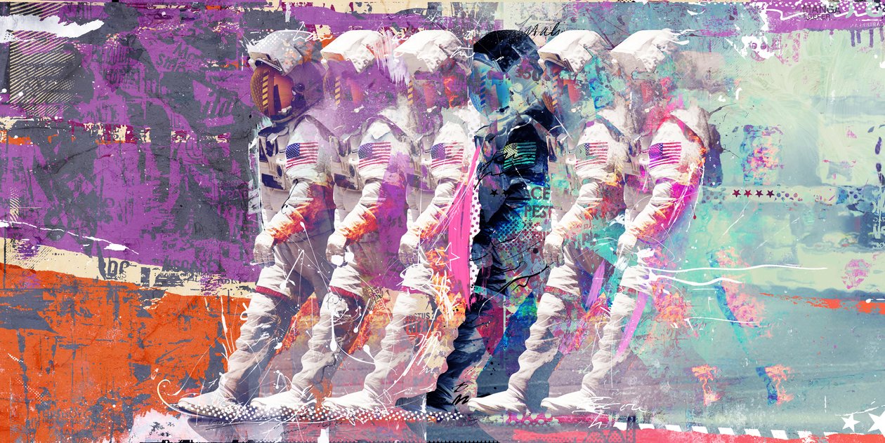 Astronaut Moonwalk, 2014 (blandet media på lerret) av Teis Albers