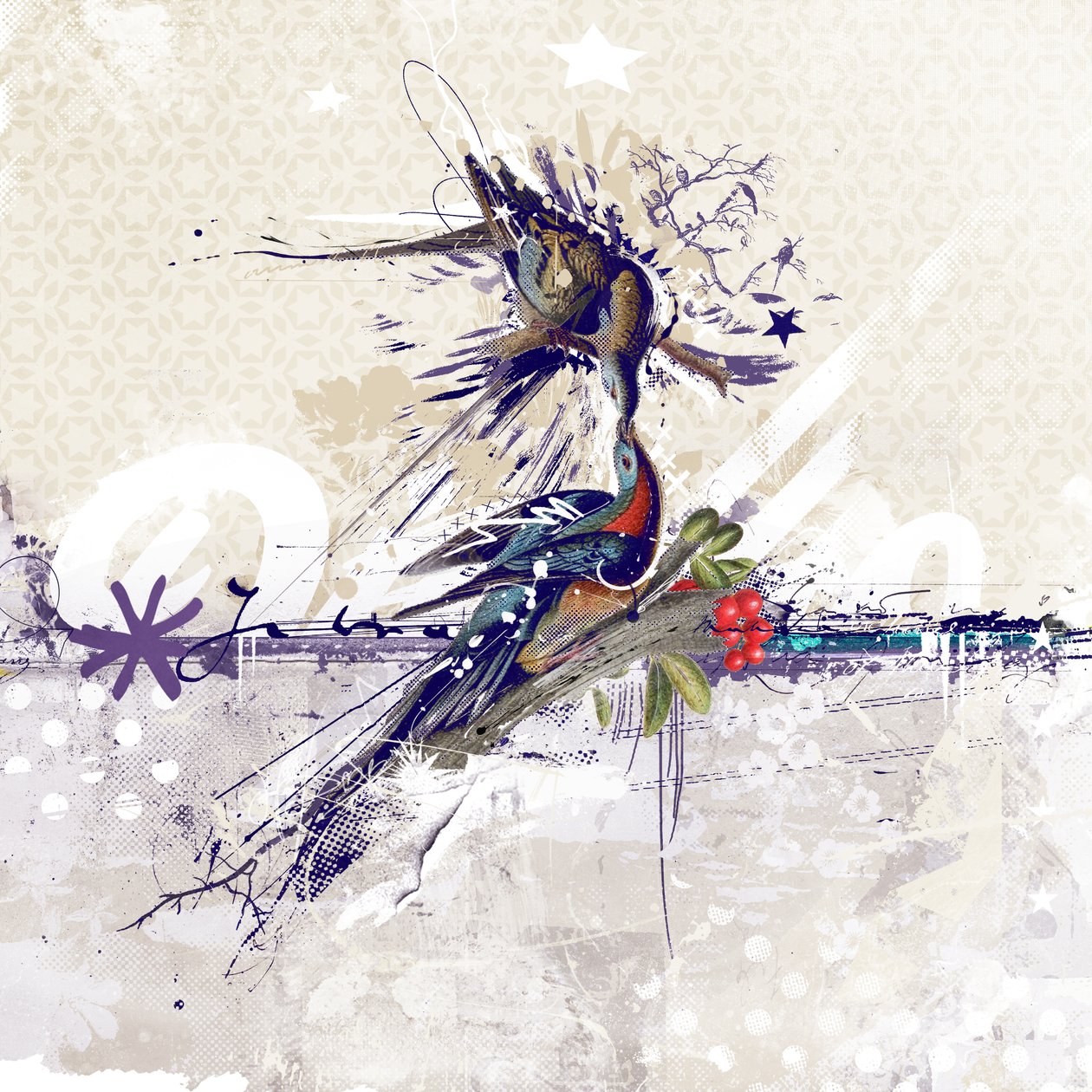 Cherry Blossom Birds, 2018 (Collage på lerret) av Teis Albers