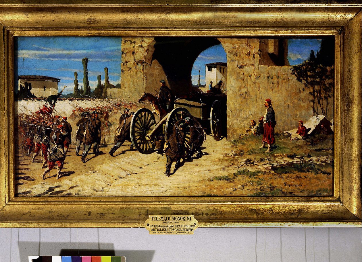 Avanti a braccia, inntreden av de franske zouavene og det toskanske artilleriet i Rubiera av Telemaco Signorini