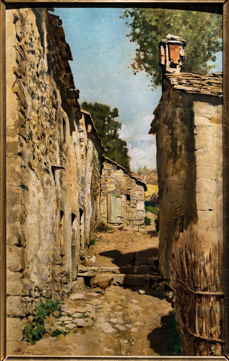 Gårdsbygning i Settignano, ca. 1862 (olje på lerret brukt på et panel) av Telemaco Signorini