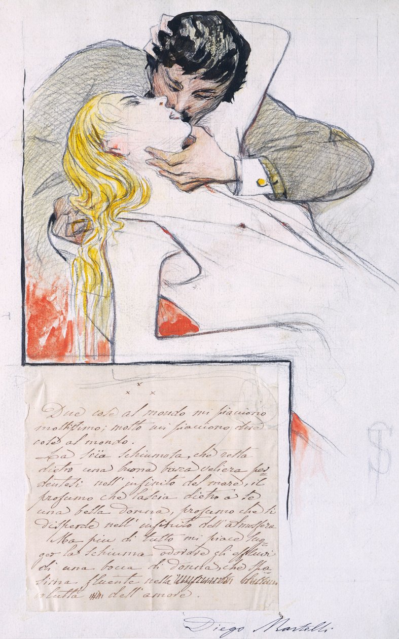 Kysset, av Telemaco Signorini (1835-1901) (tegning) av Telemaco Signorini
