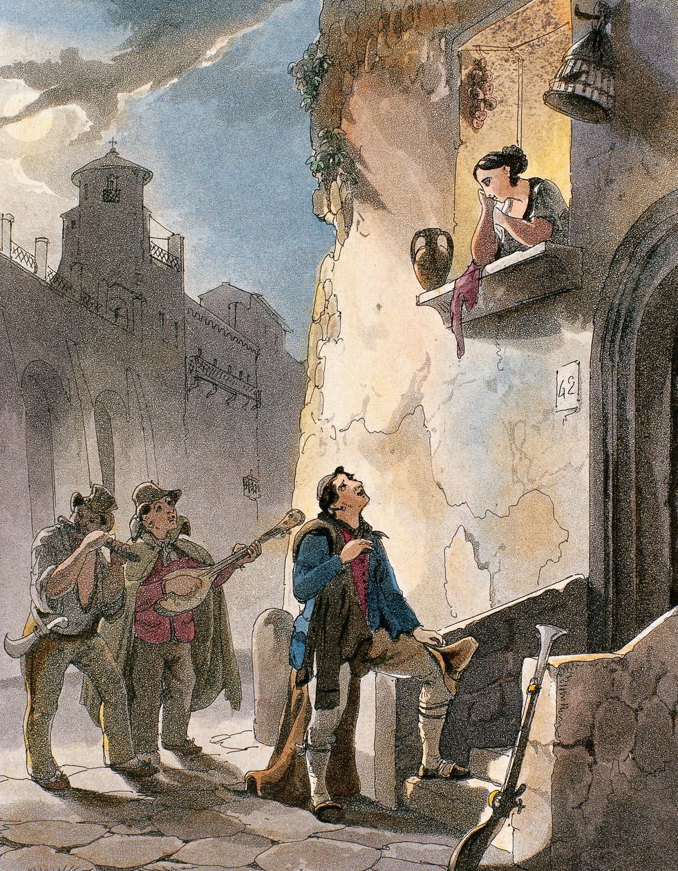 Serenade, illustrasjon fra kostymer og populære scener i Napoli av Achille Vianelli, ca. 1830 (akvatint) av Teodoro Guglielmo Witting