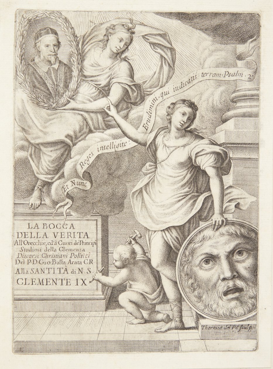 La Bocca della Verita. Tittelvignett med portrett av pave Clement IX av Teresa del Pò