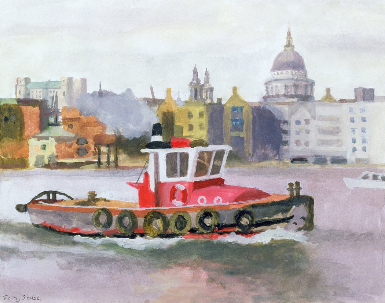 Red Tug passerer St. Pauls, 1996 (wc und gouache på papir) av Terry Scales