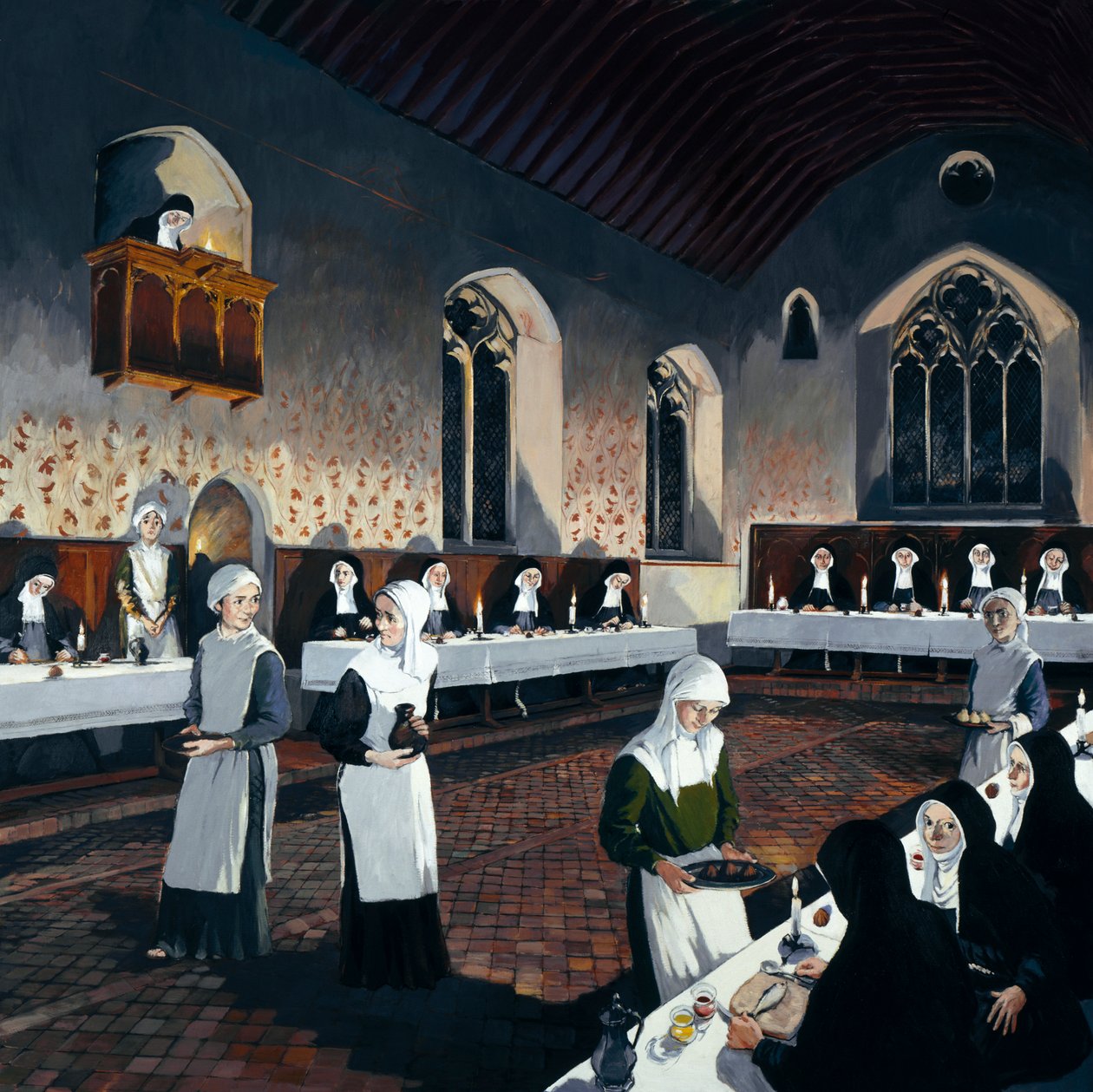 Rekonstruksjon av spisesalen i løpet av 1400-tallet, Denny Abbey, Cambridgeshire, 1993 av Terry Ball