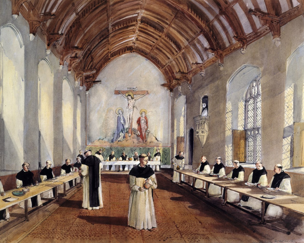 Rekonstruksjonstegning av refektoriet til cistercienserklosteret i Cleeve Abbey, 1991 av Terry Ball