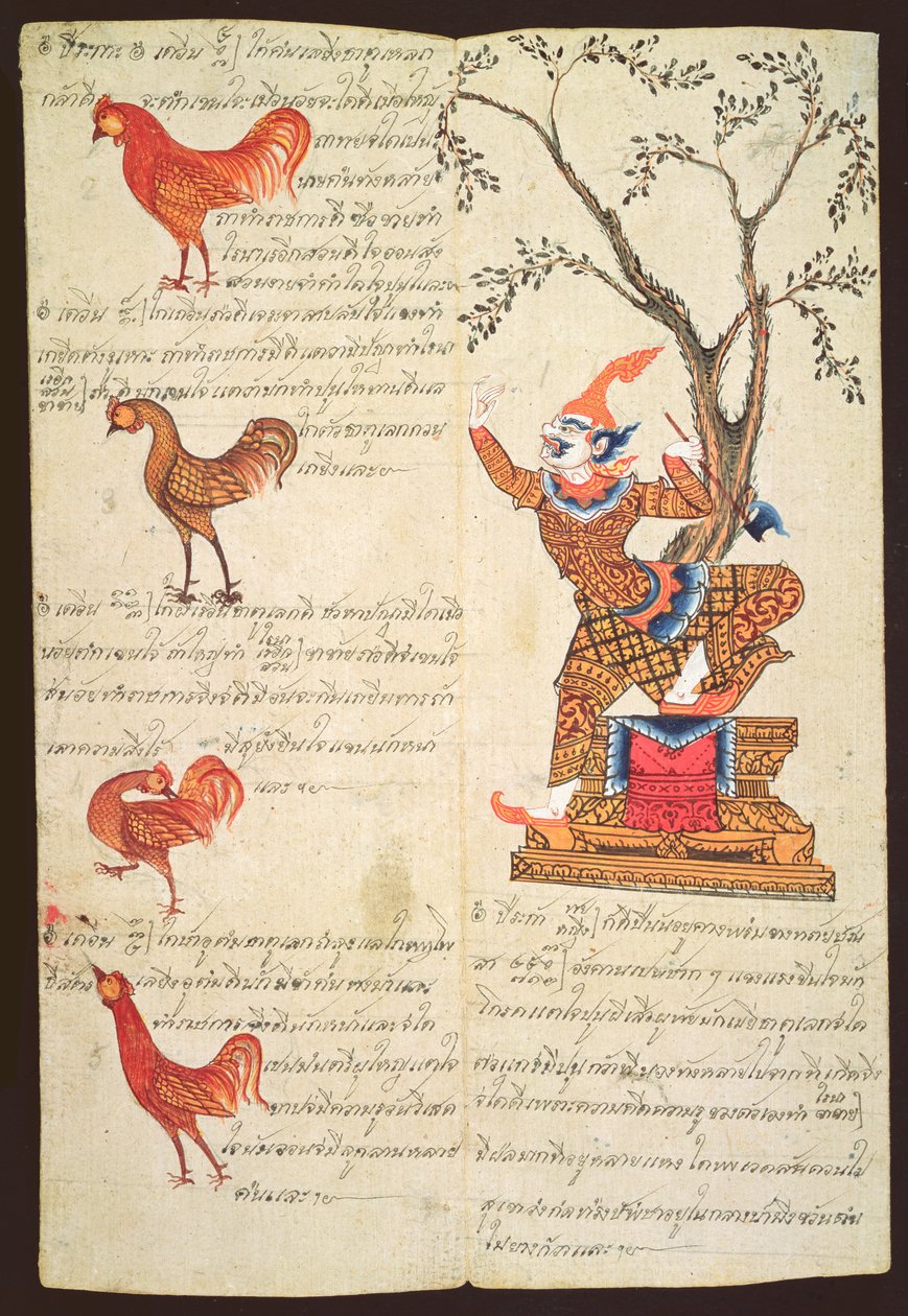 CBL Thi 1302 To sider som illustrerer Hanens år, fra en spåhåndbok, ca. 1840 (penn og blekk og gouache på khoi-papir) av Thai School