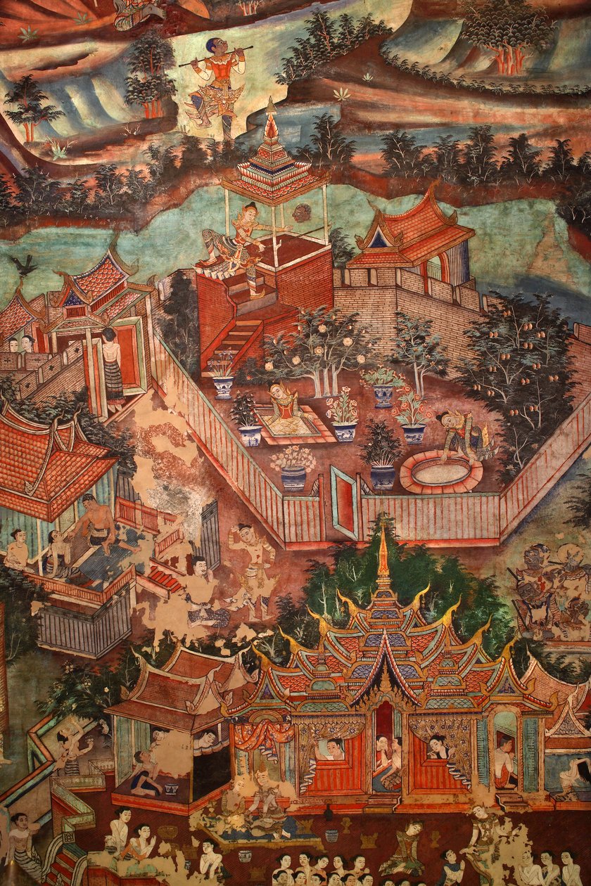 Detalj av veggmaleriene til Viharn laikam som skildrer Sang Thong Tales av Thai School