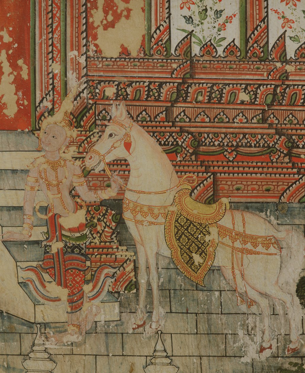Life of Buddha, detalj av et overnaturlig vesen som holder en hest, Wat Suwannaram, Thonburi, 1831 av Thai School