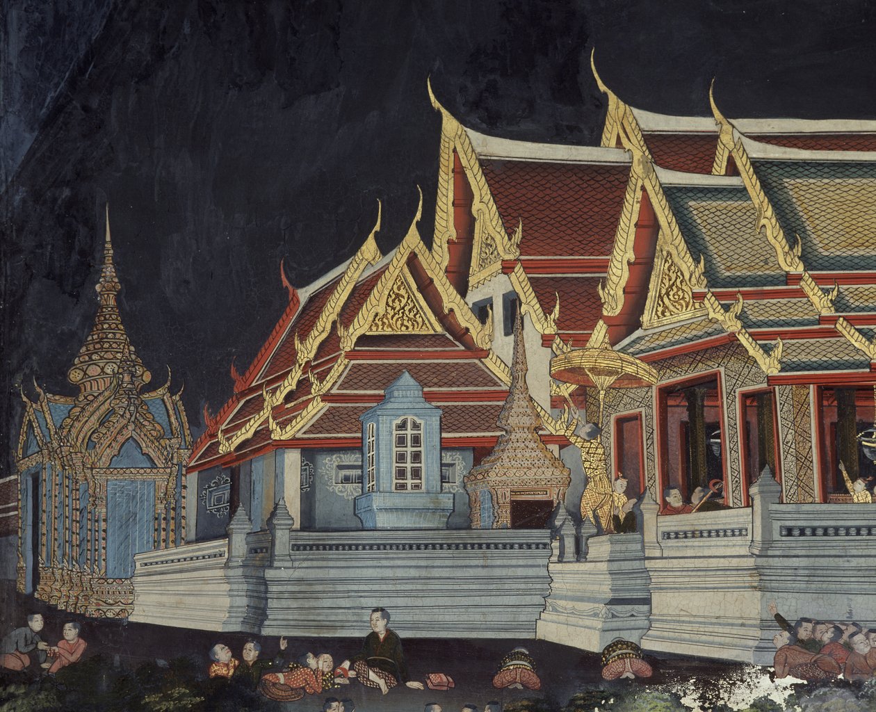 Detalj av kong Mongkut som ser på en solformørkelse (veggmaleri) av Thai School