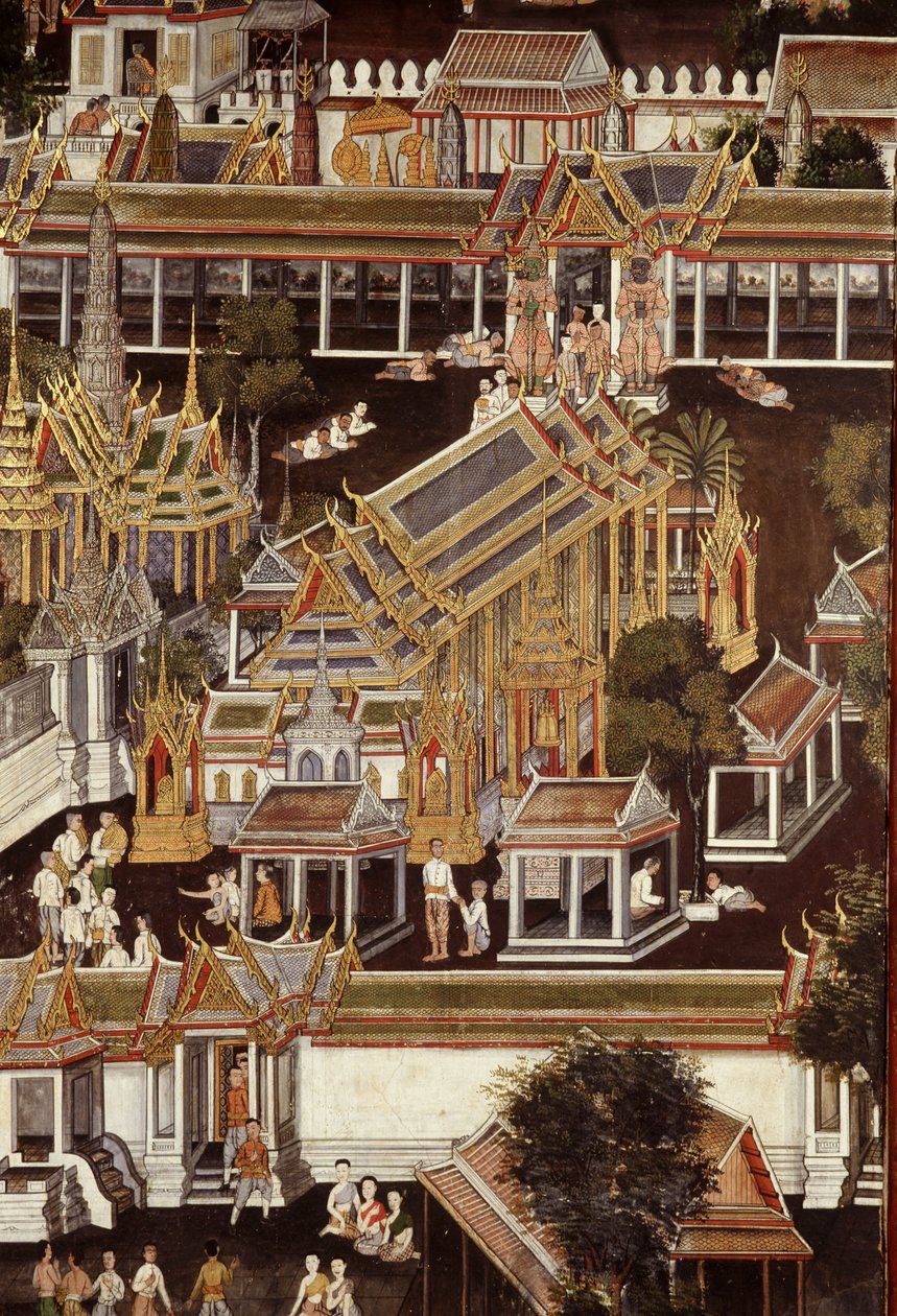Detalj av et veggmaleri som viser Temple of the Emerald Buddha (veggmaleri) av Thai School