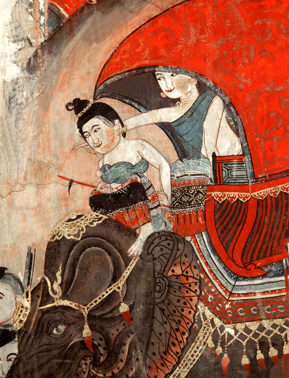 En prinsesse og ledsager som rir på en elefant (veggmaleri) av Thai School