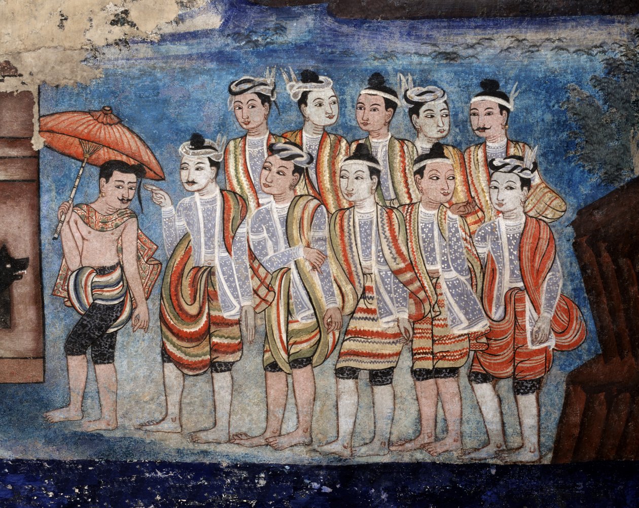 En gruppe thailandske yai (Shan) menn, detalj av veggmaleriene til Viharn laikam som skildrer Sang Thong Tales (veggmaleri) av Thai School