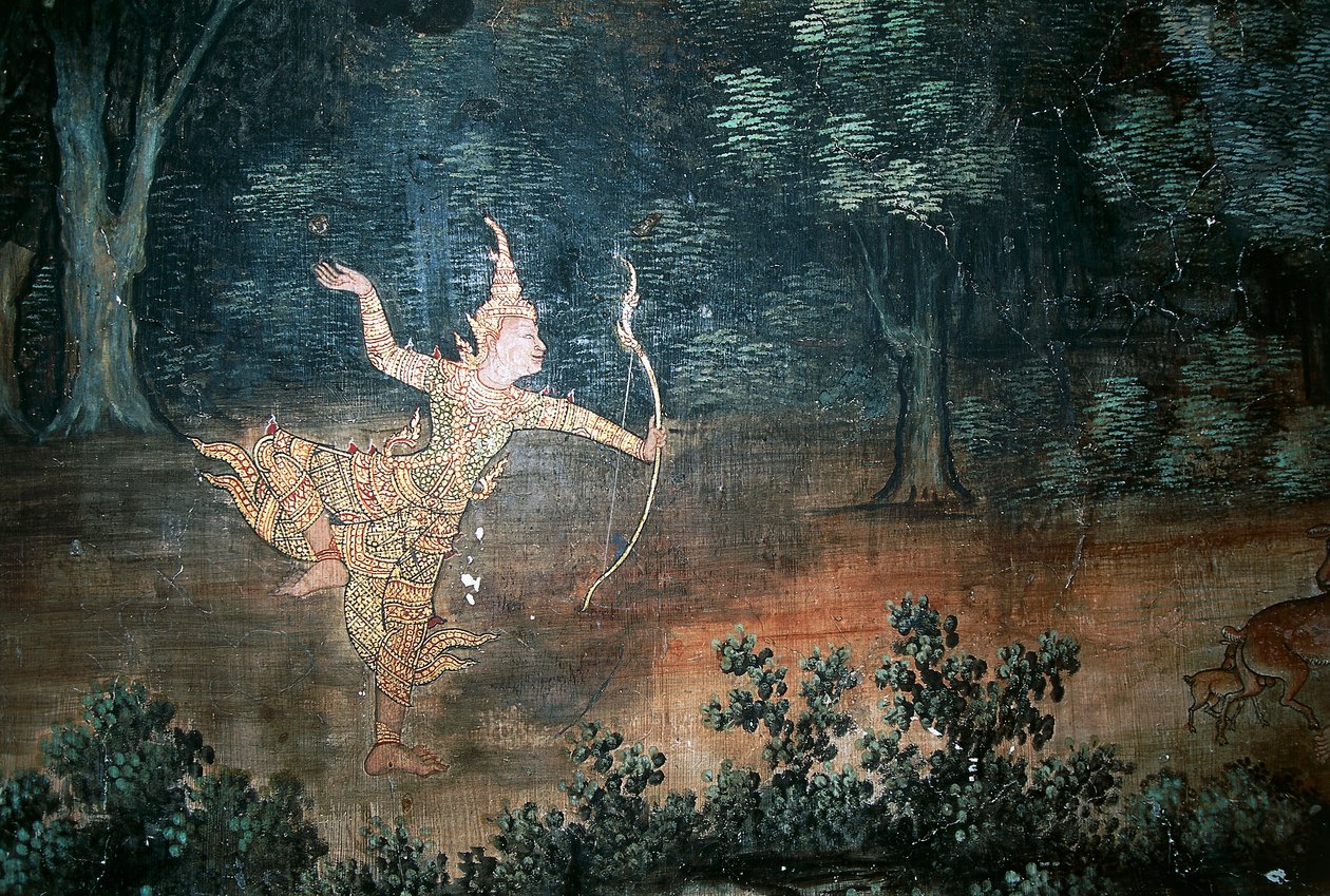 Apsara, veggmalerier med scener fra Buddhas liv, Wat Suwan Dararam, Ayutthaya historiske park (UNESCOs verdensarvliste av Thai School