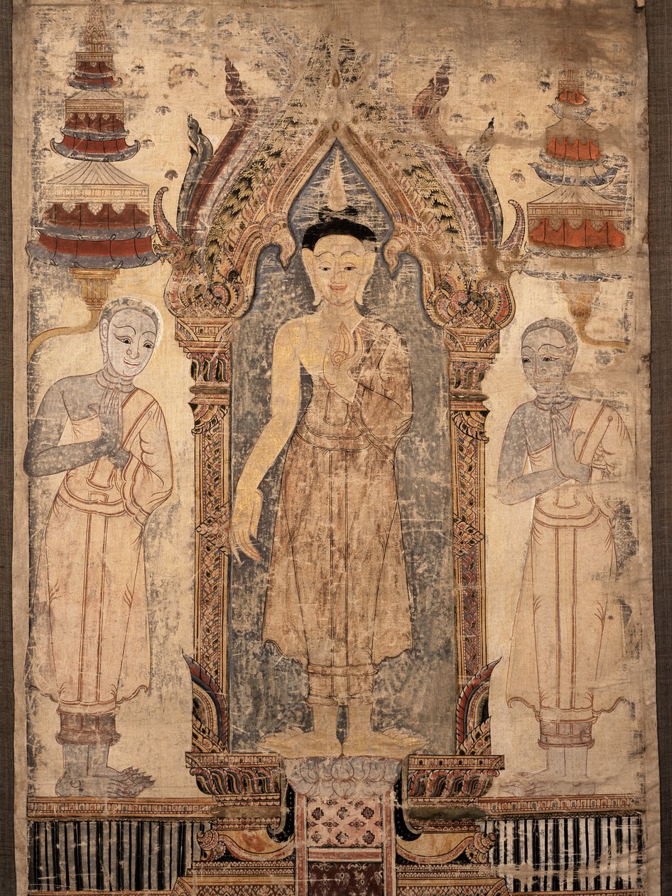 Banner som viser Buddha med disipler, tidlig på 1800-tallet (malt stoff) av Thai School