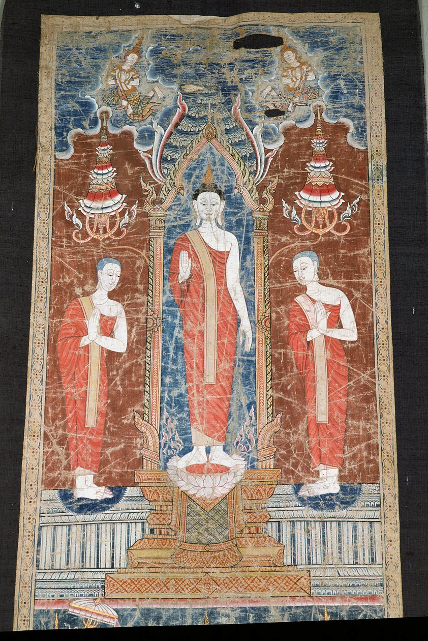 Banner som viser stående Buddha med to disipler, Rattanakosin Style (malt silke) av Thai School