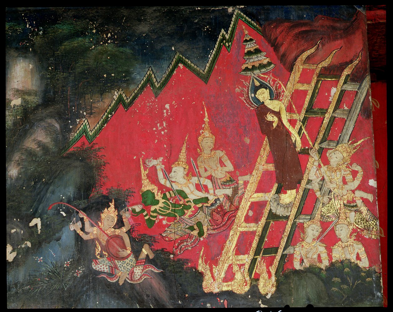 Buddha som stiger ned fra himmelen (veggmaleri) av Thai School