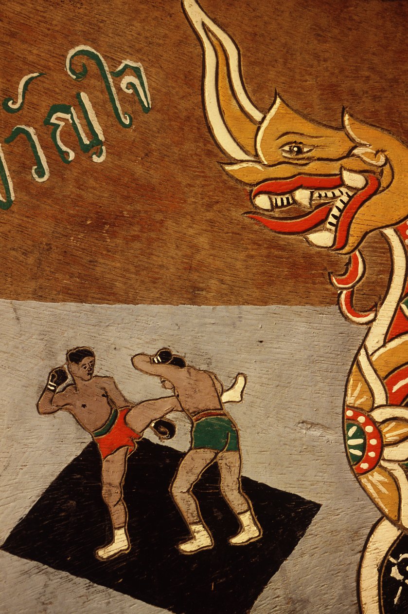 Dekor på en oksevogn som viser Muay Thai (maling på tre) av Thai School