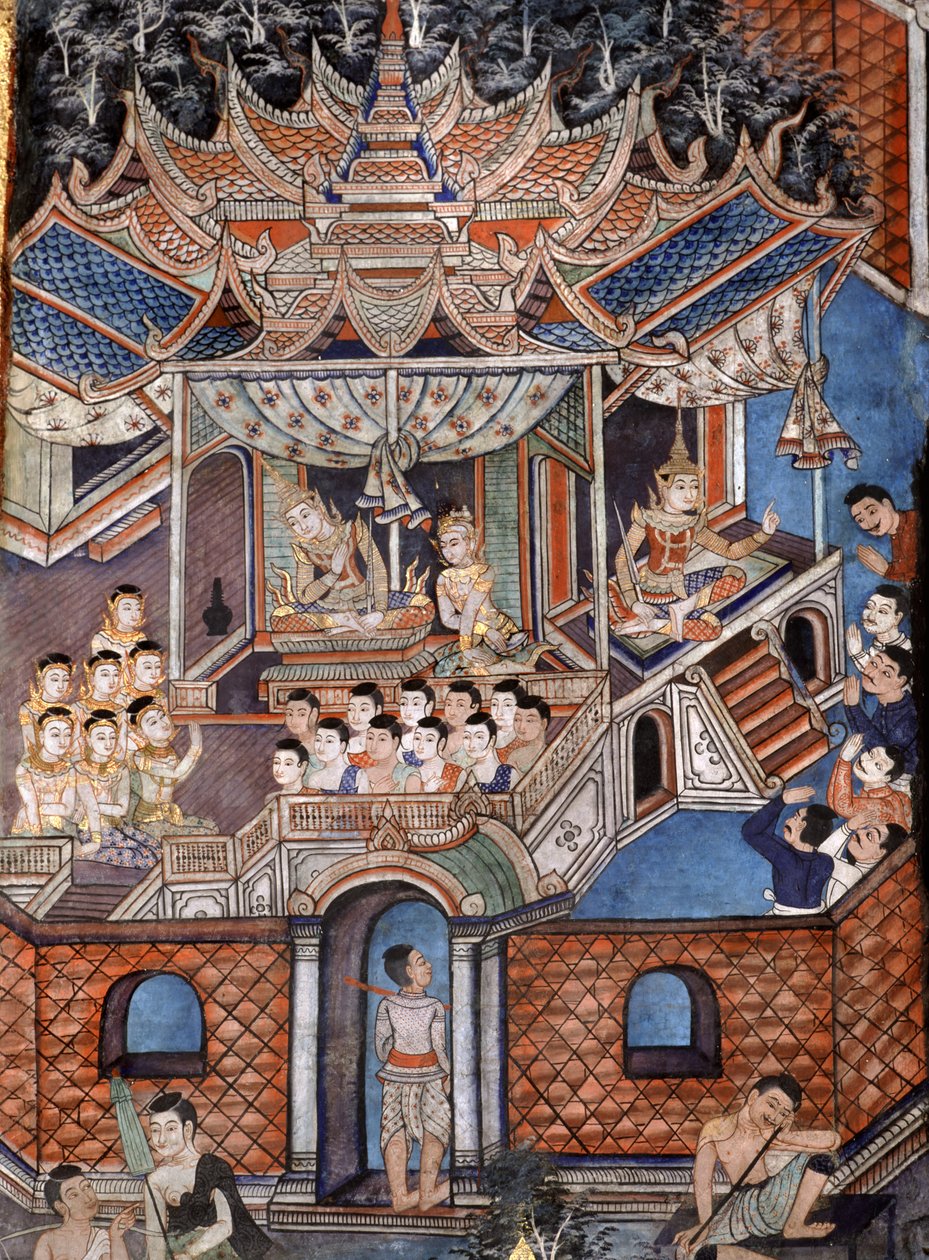 Detalj av veggmaleriene til Viharn laikam som skildrer Sang Thong Tales (veggmaleri) av Thai School