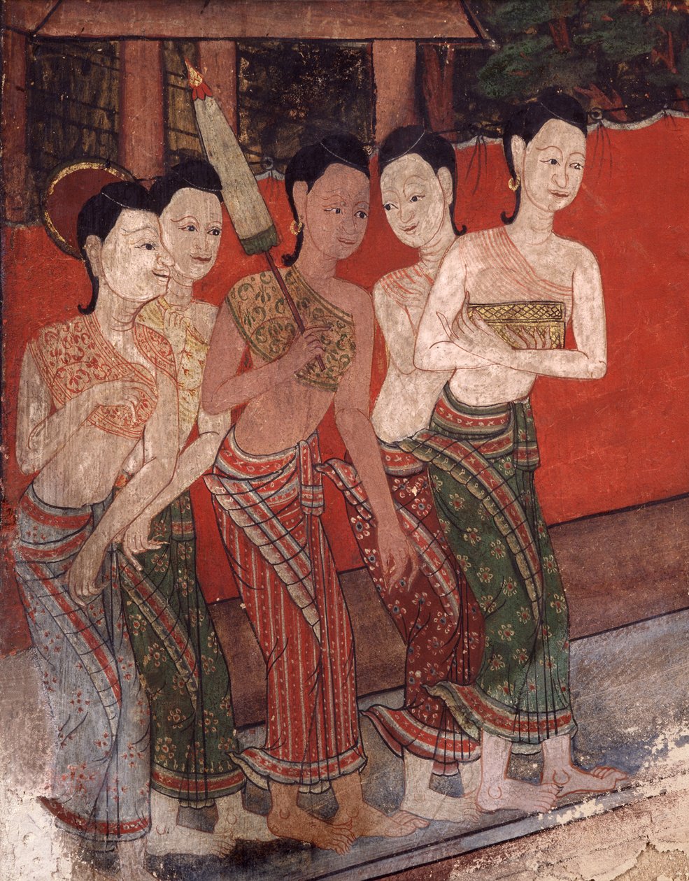 Detalj som viser en gruppe kvinner, sent på 1800-tallet (veggmaleri) av Thai School